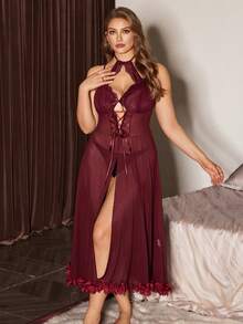 Slumberist Plus Size Sexy Open Back Mesh Nightgown With Scoop Neck And Spaghetti Strap - Maroon - View 5