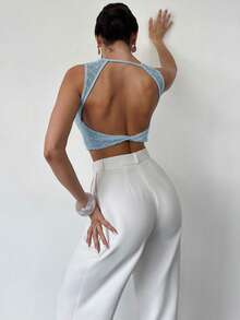 Firerie 女士杏色圆领无袖露背T恤上衣，纹理面料，夏季上衣，女士休闲度假上衣 - 藍色 - 查看 4