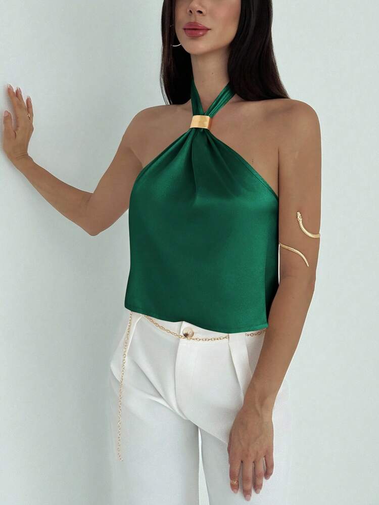 Aloruh Minimalist Sexy Backless Halter Twist Tie Bodycon Tank Top For Women - Dark Green - View 6