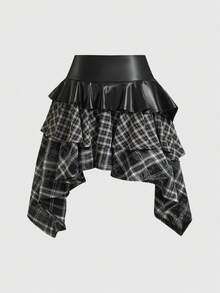 ROMWE Grunge Punk Spring/SummerplaidDark Punk Vintage Plaid Asymmetrical Patchwork Leather Mini Skirt - Black - View 2