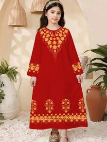 Robe ample à manches longues col rond pour jeunes filles, avec broderie florale élégante vintage et imprimé de dentelle. Couleur bordeaux avec imprimé de dentelle dorée. Convient pour le printemps/été, les occasions festives, les célébrations rouges, les jours fériés heureux