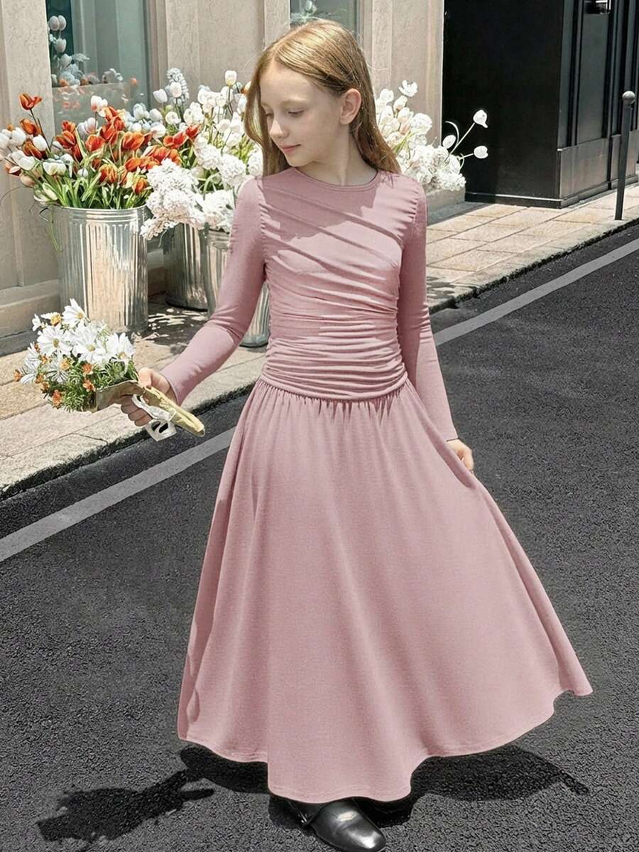SHEIN Serisse Kids 少女纯色褶皱长袖长连衣裙,休闲日常秋冬优雅连衣裙 - 藕粉色 - 查看 1