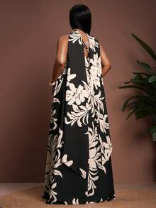 Veslaya 春夏新款无袖V领系带A字长裙，配披肩领，热带植物单色印花，适合海滩、度假、优雅休闲、海岛度假、用餐、日常穿着、浪漫之旅、约会、海边、篝火晚会、波西米亚风、聚会、派对、晚宴、朋友聚会等场合 - 大码 - 彩色 - 查看 3