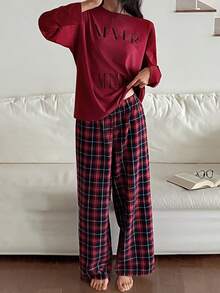 DAZY 2pcs Women Graphic Print Loose Long Sleeve Plaid Pajama Set