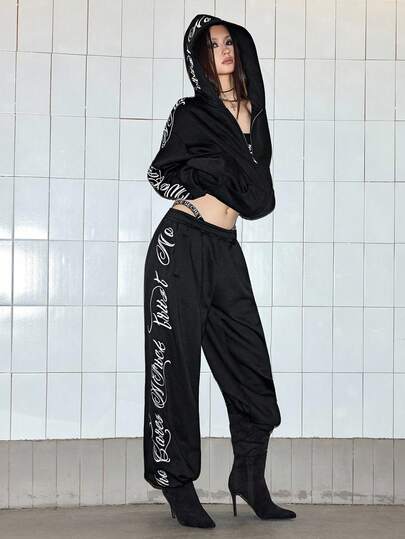 ROMWE Avant sweat-shirt à capuche surdimensionné avec broderie graphique