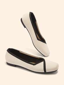 CUCCOO BASICS 女士新款法式方头百搭通勤米色针织透气舒适平底鞋 - 米色 - 查看 1