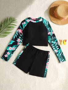 SHEIN Teen Girl Black Raglan Sleeve Tropical Plant Print Top & Shorts Swimwear Set, Long Sleeve Shorts Rash Guard - Black - View 2