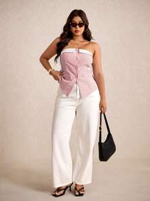 Elaquor Áo croptop kẻ sọc Y2K dành cho nữ cỡ lớn - Đỏ và trắng - Xem 6