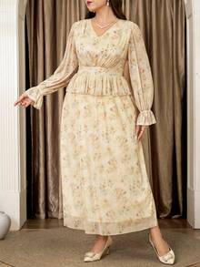 Veilorie Plus Size Elegant Floral Print Ruffle Hem Long Sleeve Dress, Autumn - Multicolor - View 3