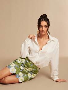 Silquee 女士高腰蕾丝花卉镂空撞色迷你裙，春夏款 - 彩色 - 查看 7