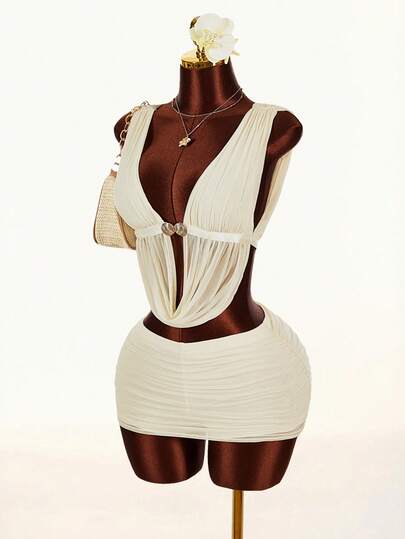 Amplova Women's Solid Color Deep V Pleated Camisole And Bodycon Mini Skirt Sexy Fashion 2-Piece Set Deep V-Neck Sleeveless Shell Metal Embellished Halter Neck, Open Back, Bow Tie, Tight-Fitting Bodycon Mini Skirt With Leggings, Sexy Vacation Two-Piece Set. Summer Holiday Outfits Cream Two Piece Set Sexy Dress For Summer Sexy Women Clothes Bikini Dress