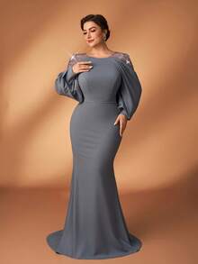 Serin Plus Size Rose Gold Spring Elegant Evening Mermaid Dress,Gray Sequin Embroidered Patchwork Elastic Knit Asymmetric Ruffle Sleeve Fitted Party Gown - Grey - View 6
