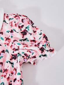 SHEIN Tween Girl Peter Pan Collar Bubble Sleeve Allover Print Dress - Multicolor - View 7