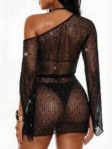 Oceva Damen Jumpsuit mit Pailletten, Raffung und Schlitz-Ärmeln, schlanke schwarze Partybekleidung - Schwarz - Übersicht 1
