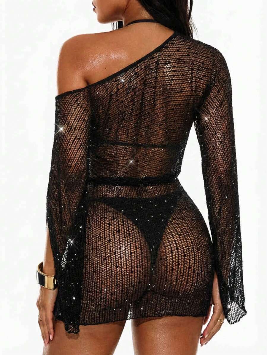 Oceva Damen Jumpsuit mit Pailletten, Raffung und Schlitz-Ärmeln, schlanke schwarze Partybekleidung - Schwarz - Übersicht 1