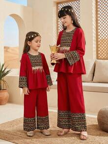 SHEIN Tween Girl Burgundy Autumn Wedding Guest Striped Patchwork Ruffle Trim Round Neck Long Sleeve Top And Straight Leg Pants Set,Children's Jalabiya Abaya - Red - View 6