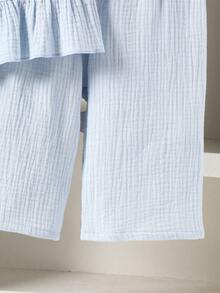 2 pièces Ensemble top camisole bleu Dozy Joy et pantalon 3/4 pour jeunes filles, décoré de fleurs 3D beiges, doux, décontracté, ample, convient pour l'été - Bleu azur - Voir 7