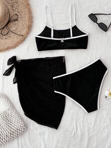 SHEIN Teen Girls' Colorblock Black And White Bikini Sets - Black and White - View 5