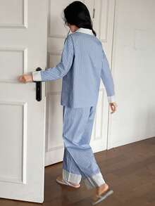 DAZY Contrast Color Striped Fabric Shirt Style Women Pajama Set - Blue - View 2
