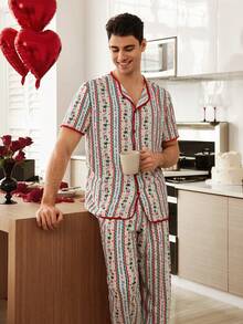 Manfinity Retro Floral Print Cardigan & Pants Men's Pajama Set - Multicolor - View 4