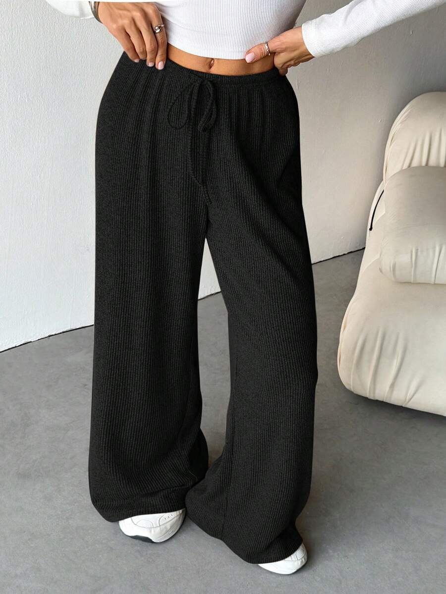 SHEIN Tall 女士罗纹磨毛阔腿裤，适合秋冬季穿着 - 黑色 - 查看 1