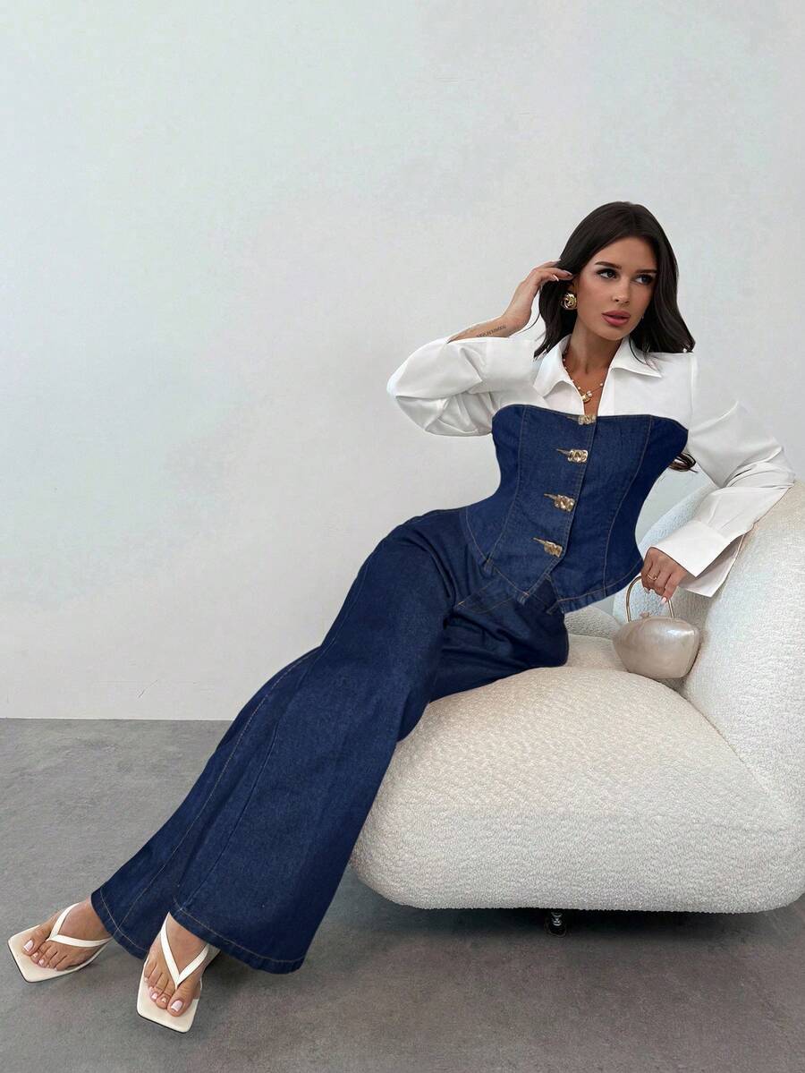 Firerie 女士时尚通勤撞色拼接衬衫牛仔裤套装，春夏情人节狂欢节服装，通勤度假毕业季时尚Y2K可爱街头风派对婚礼优雅商务休闲女装，时尚牛仔束身拼接衬衫搭配长袖翻领阔腿牛仔裤，时尚两件套 - 藍色 - 查看 1