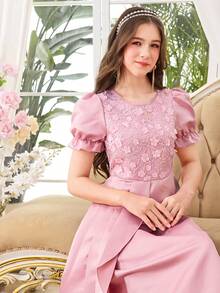 Vestido con mangas cortas y bordado de lentejuelas para adolescentes, adecuado para citas y ocasiones formales - Rosa - Ver 7