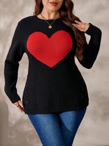 EMERY ROSE Plus Size Women's Cute Black And Red Heart Jacquard Sweater, Autumn Round Neck Long Sleeve Pullover With Decorative Buttons, Slouchy Commute Versatile - Multicolor - View 6