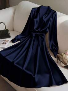 Franclia Women's Elegant Deep V-Neck Bowknot Midi Dress Navy Blue Elegant Dress Royal Blue Elegant Dress Women Long Sleeve Elegant Dress Silk Dresses Satin Dress Elegant - Navy Blue - View 6