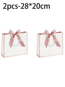 1/5pcs-Landscape-Style Kraft Paper Gift Bags, Shopping Bags, Packaging Bags With Handles, Bow-Decorated Handbags, Trick Or Treat, Halloween, White Large-Capacity Paper Bags, Halloween, Thanksgiving, Christmas, New Year, Wedding, Birthday Gift Packaging Bags - White pink - View 7