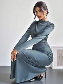 Firerie Women's Elegant Office Commute Blue Satin Long Sleeve Pleated Collar Irregular Hem Blouse And High Waist Pleated Maxi Skirt Set, Romantic, Date, Party, Wedding Season, Graduation Dress, Formal Ball - Blue - View 7