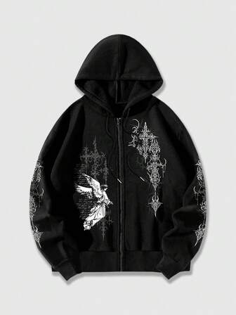 Felpa con cappuccio casual da uomo con stampa di angeli, autunno/inverno