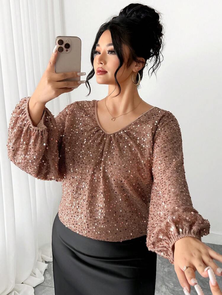 Dazy Plus Valentine Fashionable Sequin Loose A-Line Lantern Sleeve Blouse, Suitable For Spring/Summer Parties