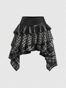 ROMWE Grunge Punk Spring/SummerplaidDark Punk Vintage Plaid Asymmetrical Patchwork Leather Mini Skirt - Black - View 1