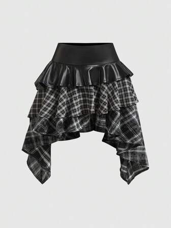 Grunge Punk Dunkel Punk Vintage karierter asymmetrischer Patchwork Leder Mini Rock