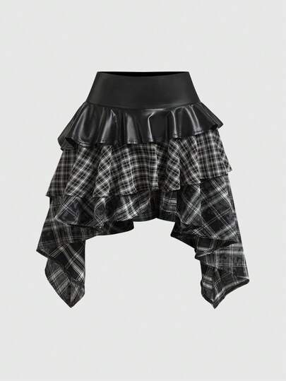 Grunge Punk Jupe mini en cuir asymétrique patchwork à carreaux vintage punk sombre