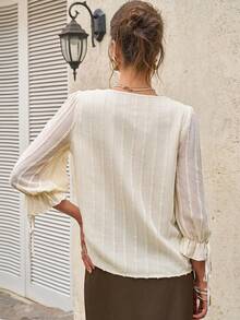 EMERY ROSE Women's Spring/Summer New Romantic Ruffle V-Neck 3/4 Sleeve Loose Blouse - Apricot - View 2