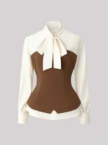 Franclia 优雅简约时尚长袖衬衫和直筒裤两件套 - 棕色 - 查看 5