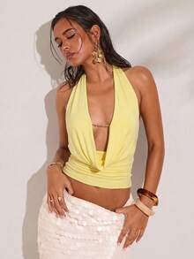 SHEIN BAE 夏季一件式/舒适针织金属链性感垂坠简约休闲背心，适合早午餐、外出、约会、通勤休闲、邮轮、伊比沙岛、沙滩等场合。 - 黃色 - 查看 3