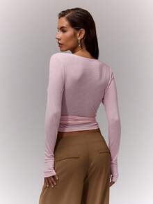 MUSERA V领裹身系带上衣，休闲百搭，适合度假、机场出行、秋季返校季、春夏穿着，优雅时尚。 - 粉色 - 查看 2