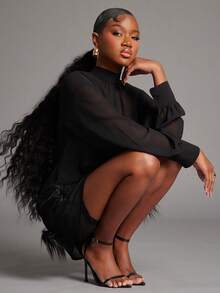 NYA SZN 迷你连衣裙，羽毛装饰，灯笼袖，雪纺欧根纱面料，端庄优雅，长袖圆领，适合外出、夜店、俱乐部等场合，尽显优雅复古风情。冬季金属光泽点缀，褶皱袖口设计，适合假日、圣诞派对、节日、新年夜、新年除夕、日常休闲早午餐、冬春季通勤等各种场合。 - 橘色 - 查看 2