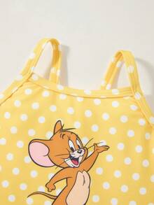 TOM & JERRY X SHEIN Young Girl Cute Polka Dot Cartoon Graphic One-Piece Swimsuit - Yellow - View 3