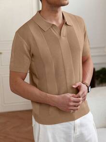 Manfinity Homme 男士加大码纯色短袖 Polo 领休闲针织衫 - 駝色 - 查看 3