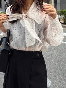 FRIFUL 女士波点领结休闲百搭通勤长袖衬衫 - 米色 - 查看 7