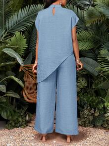 SHEIN Lady 春夏秋冬蓝色梭织立领不对称插肩袖长袖短袖加大码套装 - 淺藍色 - 查看 2