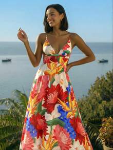 CAJUNI Vestido maxi de mujer casual de vacaciones con estampado floral tropical rojo y beige, sin mangas, con escote halter y hombros descubiertos, vestido de cita, vestido maxi elegante - Multicolor - Ver 7