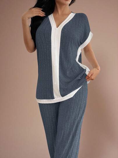 Lazeform 2pcs Women Knit Casual Colorblock V-Neck Short Sleeve Top And Pants Pajama Set Casual Sets For Women