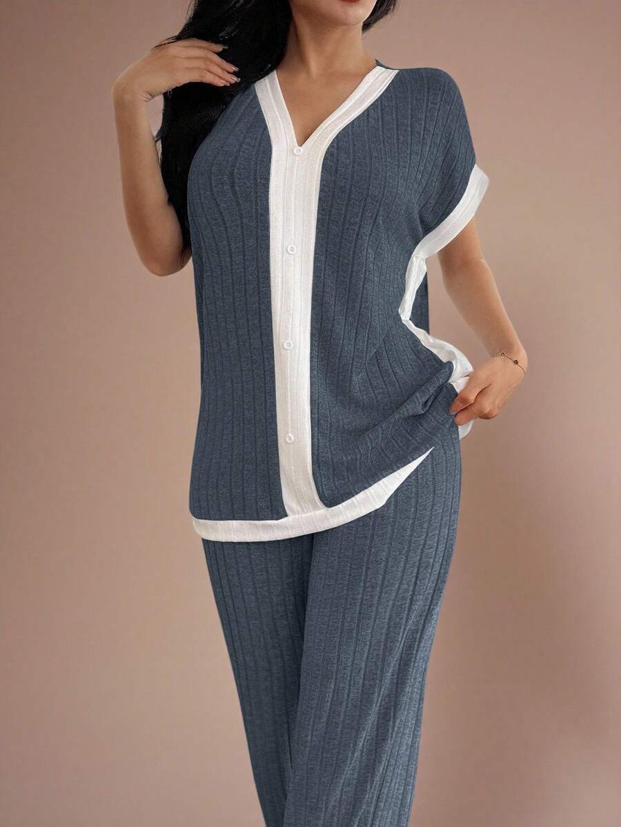 Lazeform 2件套女士针织休闲拼色V领短袖上衣和裤子睡衣套装 - 藍色 - 查看 1