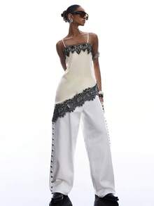 LYSMO 2026 New Arrive Minimalism Spring/Summer Women's Contrast Lace Asymmetric Hem Fashion Camisole - Beige - View 6