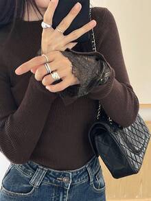 DAZY Sweater Pullover Slim Fit Wanita Kasual untuk Berpergian, Motif Renda Kontras, Musim Gugur/Dingin - Coffee Brown - View 7